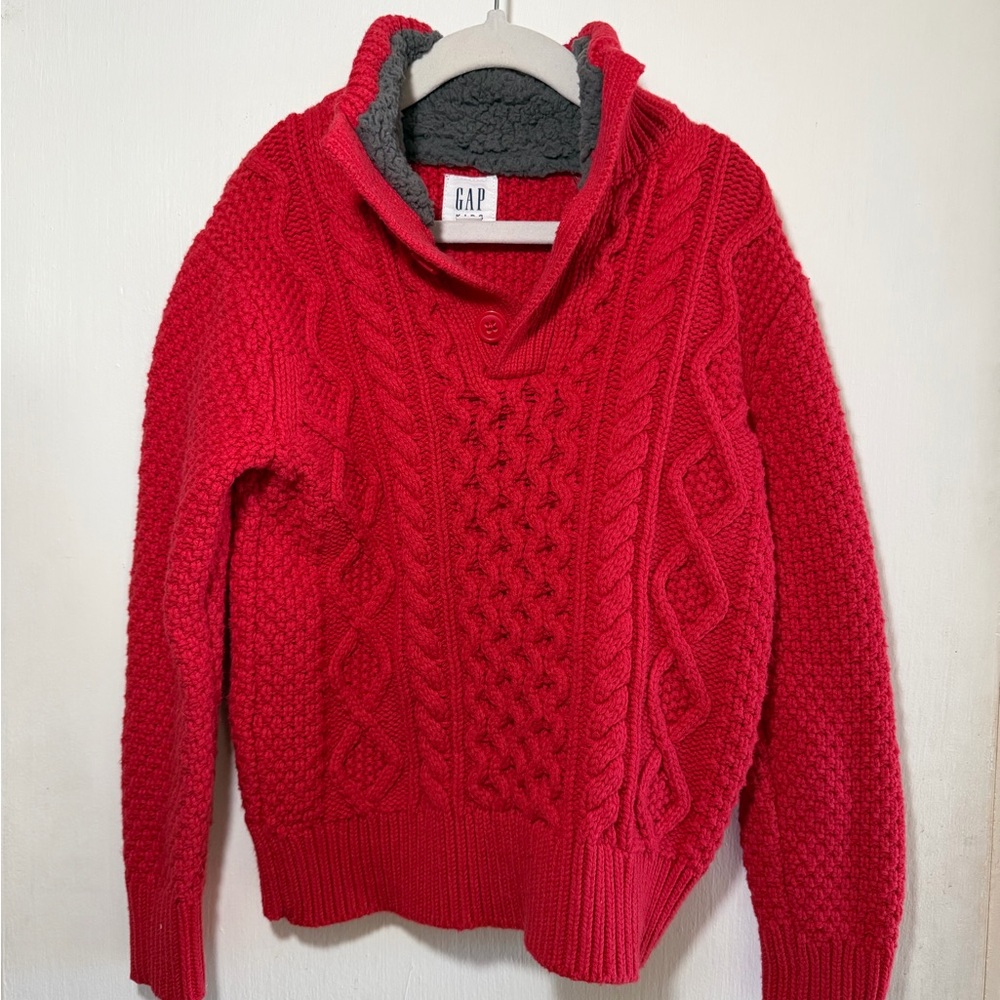 GAP Kids Red Cable Knit Sweater Sherpa Collar Size 6-7 years